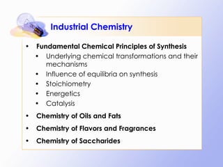Industrial Chemistry Fundamental Chemical Principles of Synthesis Underlying chemical transformations and their mechanisms Influence of equilibria on synthesis Stoichiometry Energetics Catalysis Chemistry of Oils and Fats Chemistry of Flavors and Fragrances Chemistry of Saccharides  