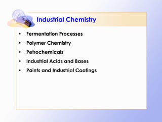 Industrial Chemistry Fermentation Processes Polymer Chemistry Petrochemicals Industrial Acids and Bases Paints and Industrial Coatings 