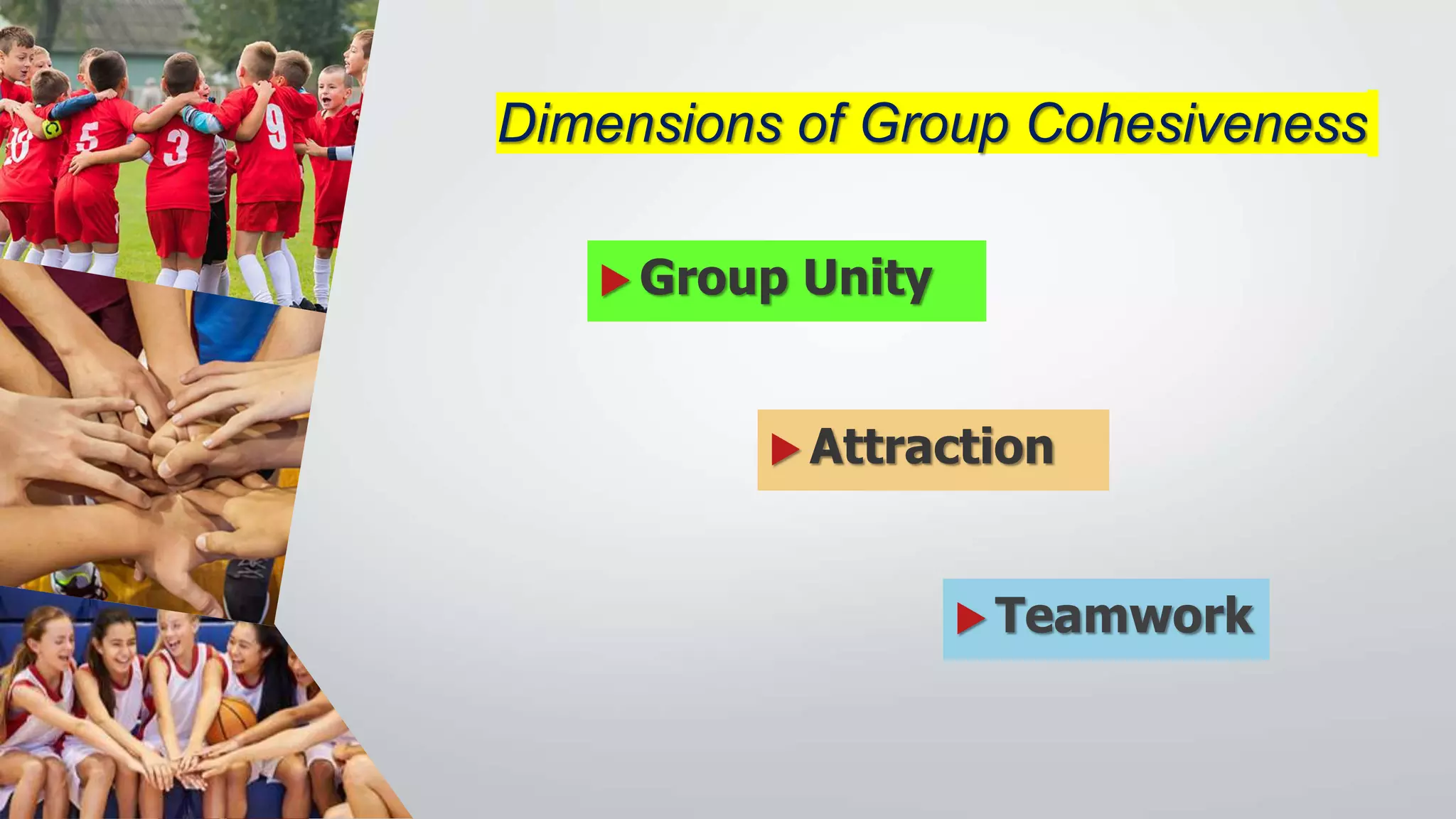  Teamwork
 Attraction
 Group Unity
Dimensions of Group Cohesiveness
 