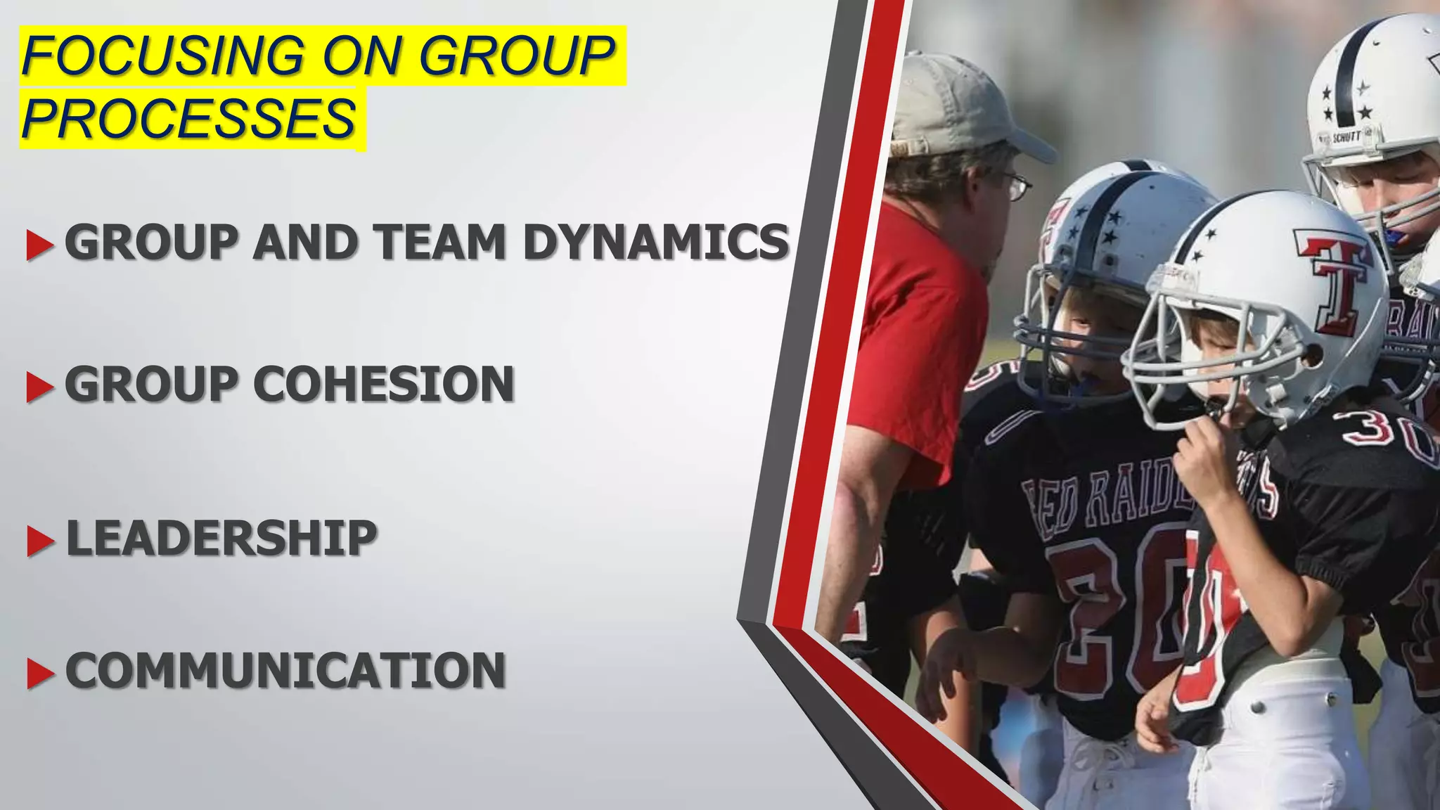 FOCUSING ON GROUP
PROCESSES
 LEADERSHIP
 GROUP COHESION
 COMMUNICATION
 GROUP AND TEAM DYNAMICS
 