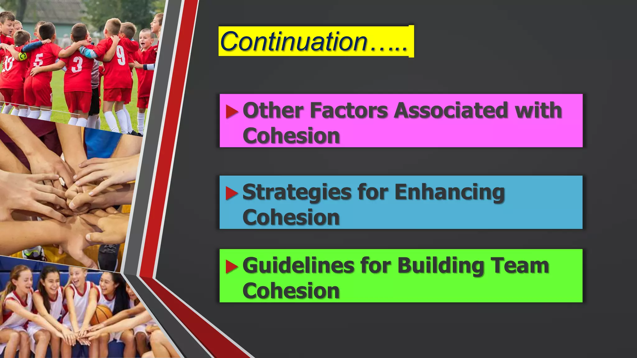  Other Factors Associated with
Cohesion
Continuation…..
 Strategies for Enhancing
Cohesion
 Guidelines for Building Team
Cohesion
 