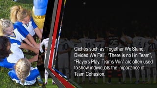 Clichés such as “Together We Stand,
Divided We Fall”, “There is no I in Team”,
“Players Play, Teams Win” are often used
to show individuals the importance of
Team Cohesion.
 
