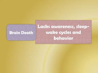Lacks awareness, sleep-
Brain Death    wake cycles and
                   behavior
 