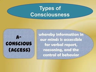 Types of
        Consciousness


            whereby information in
    A-      our minds is accessible
Conscious      for verbal report,
 (Access)     reasoning, and the
             control of behavior
 
