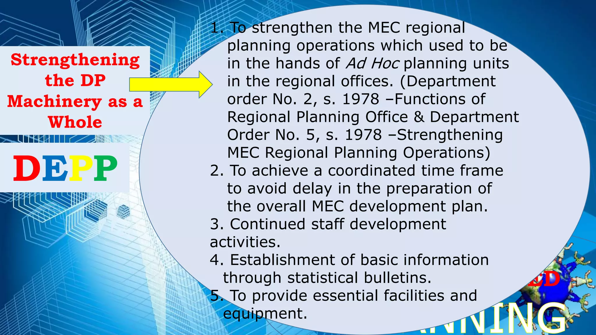 DECENTRALIZED
DEPP
Strengthening
the DP
Machinery as a
Whole
1. To strengthen the MEC regional
planning operations which used to be
in the hands of Ad Hoc planning units
in the regional offices. (Department
order No. 2, s. 1978 –Functions of
Regional Planning Office & Department
Order No. 5, s. 1978 –Strengthening
MEC Regional Planning Operations)
2. To achieve a coordinated time frame
to avoid delay in the preparation of
the overall MEC development plan.
3. Continued staff development
activities.
4. Establishment of basic information
through statistical bulletins.
5. To provide essential facilities and
equipment.
 