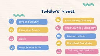 01
02
03
Toddlers’ Needs
Love and Security
Separation Anxiety
Safety
04
06
07
Manipulative materials
Potty Training/ Self help
Health, Nutrition, Sleep, Play
Routines and Order
08
Discipline/ Boundaries
09
Talk ,sing and read with
them
10
 