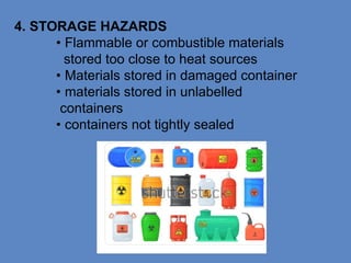 4. STORAGE HAZARDS
• Flammable or combustible materials
stored too close to heat sources
• Materials stored in damaged container
• materials stored in unlabelled
containers
• containers not tightly sealed
 