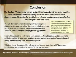 Conclusion “ Let’s not get trapped in a Catch-22 – business waiting for government, government waiting for business. Business has plenty to go on – the megatrend is clear. We must decarbonize our economy.”  – Christiana Figueres, Oct. 2011 Though developments in Durban push towards global alignment, the new paradigm does not preclude and may be better suited to support,  regional coalitions that advance UNFCCC targets using different approaches . “ Kyoto and Beyond” will keep you informed as these important events continue to unfold. The Durban Platform represents a significant departure from prior treaties:  both developed and developing countries must reduce emissions .  However, confidence in the multilateral climate treaty process remains low and progress remains slow.  Meanwhile, society is evolving its own responses.  Private sector carbon-neutrality initiatives, shifts in insurance and investment sectors, and societal adaptation will surely influence the future multilateral process.  Whether these changes will be adequate and soon enough to avoid  “dangerous interference with the climate system” is the big question. 