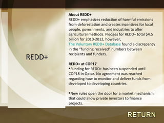 REDD+ About REDD+ REDD+ emphasizes reduction of harmful emissions from deforestation and creates incentives for local people, governments, and industries to alter agricultural methods. Pledges for REDD+ total $4.5 billion for 2010-2012, however,  The Voluntary REDD+ Database  found a discrepancy in the “funding received” numbers between recipients and funders. REDD+ at COP17 Funding for REDD+ has been suspended until COP18 in Qatar. No agreement was reached regarding how to monitor and deliver funds from developed to developing countries.  New rules open the door for a market mechanism that could allow private investors to finance projects. 