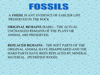 A FOSSIL IS ANY EVIDENCE OF EARLIER LIFE 
PRESERVED IN THE ROCK 
ORIGINAL REMAINS (RARE) – THE ACTUAL 
UNCHANGED REMAINS OF THE PLANT OR 
ANIMAL ARE PRESERVED. 
REPLACED REMAINS – THE SOFT PARTS OF THE 
ORIGINAL ANIMAL HAVE DISAPPEARED AND THE 
HARD PARTS HAVE BEEN REPLACED BY MINERAL 
MATERIAL. (PETRIFIED WOOD) 
 