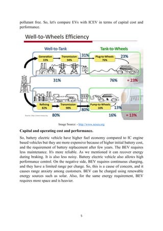 5
pollutant free. So, let's compare EVs with ICEV in terms of capital cost and
performance.
Image Source: - http://www.nesea.org
Capital and operating cost and performance.
So, battery electric vehicle have higher fuel economy compared to IC engine
based vehicles but they are more expensive because of higher initial battery cost,
and the requirement of battery replacement after few years. The BEV requires
less maintenance. It's more reliable. As we mentioned it can recover energy
during braking. It is also less noisy. Battery electric vehicle also allows high
performance control. On the negative side, BEV requires continuous charging,
and they have a limited range per charge. So, this is a cause of concern, and it
causes range anxiety among customers. BEV can be charged using renewable
energy sources such as solar. Also, for the same energy requirement, BEV
requires more space and is heavier.
 