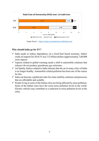 6
Image Source: - https://energy.economictimes.indiatimes.com
Why should India go for EV?
✓ India needs to reduce dependency on a fossil-fuel based economy. India's
crude oil imports for 2014-15 was 112 billion dollars (approximately 7,00,000
crore rupees)
✓ Aspects related to global warming needs a shift to automobile solutions that
reduces/ do not produce greenhouse gas emissions.
✓ Air Quality Indices related to India indicate that the air in many cities of India
is no longer healthy. Automobile related pollution has been one of the causes
for this
✓ India can become a global provider for clean mobility solutions and processes
that are affordable and scalable.
✓ People living in some of the Indian cities are being affected by noise pollution.
Some of the Indian cities have the worst noise pollution levels in the world.
Electric vehicles may contribute to a reduction in noise pollution levels in the
cities.
 