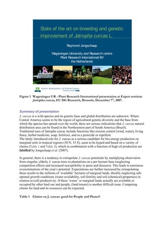 State of the art on breeding and genetic
                improvement of Jatropha curcas L.
                                    Raymond Jongschaap

                         Wageningen University and Research centre
                              Plant Research International BV
                                      the Netherlands




Figure 1 Wageningen UR - Plant Research International presentation at Expert seminar
         Jatropha curcas, EU DG Research, Brussels, December 7th, 2007.


Summary of presentation
J. curcas is a wild species and its genetic base and global distribution are unknown. Where
Central America seems to be the region of agricultural genetic diversity and the base from
which the species has spread over the world, there are serious indications that J. curcas natural
distribution area can be found in the Northeastern part of South America (Brazil).
Traditional uses of Jatropha curcas include functions like erosion control (wind, water), living
fence, herbal medicine, soap, fertilizer, and as a pesticide or repellent.
The lately introduced role for J. curcas as a serious candidate for bio-energy production on
marginal soils in tropical regions (30 N, 35 S), seem to be hyped and based on a variety of
claims (Table 1 and Table 2), which in combination with a function of high oil production are
falsified by Jongschaap et al. (2007).

In general, there is a tendency to extrapolate J. curcas potentials by multiplying observation
from singular, elderly J. curcas trees to plantations on a per hectare base (neglecting
competition effects and increased susceptibility to pests and diseases). This leads to enormous
overestimations of the crop’s potential. Expectations are further increased by extrapolating
these results to the millions of ‘available’ hectares of marginal lands, thereby neglecting sub-
optimal growth conditions (water availability, soil fertility and soil (chemical) properties) in
relation to (oil) productivity. If these ‘waste’ or marginal lands actually are available or
occupied by other land use and people, (land tenure) is another difficult issue. Competing
claims for land and its resources can be expected.

Table 1 Claims on J. curcas: good for People and Planet?
 