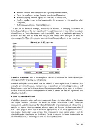 Page | 11
 Monitor financial details to ensure that legal requirements are met,
 Supervise employees who do financial reporting and budgeting,
 Review company financial reports and seek ways to reduce costs,
 Analyze market trends to find opportunities for expansion or for acquiring other
companies,
 Help management make financial decisions.
The role of the financial manager, particularly in business, is changing in response to
technological advances that have significantly reduced the amount of time it takes to produce
financial reports. Financial managers’ main responsibility used to be monitoring a company’s
finances, but they now do more data analysis and advice senior managers on ideas to
maximize profits. They often work on teams, acting as business advisors to top executives.
Financial Statements: This is an example of a financial statement that financial managers
are responsible for preparing and interpreting.
Financial managers also do tasks that are specific to their organization or industry. For
example, government financial managers must be experts on government appropriations and
budgeting processes, and healthcare financial managers must know about issues in healthcare
finance. Moreover, financial managers must be aware of special tax laws and regulations that
affect their industry.
Capital Investment Decisions
Capital investment decisions are long-term corporate finance decisions relating to fixed assets
and capital structure. Decisions are based on several inter-related criteria. Corporate
management seeks to maximize the value of the firm by investing in projects which yield a
positive net present value when valued using an appropriate discount rate in consideration of
risk. These projects must also be financed appropriately. If no such opportunities exist,
maximizing shareholder value dictates that management must return excess cash to
shareholders (i.e., distribution via dividends). Capital investment decisions thus comprise an
investment decision, a financing decision, and a dividend decision.
 