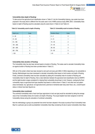 Index Based Flood Insurance Products: Report on Flood Hazard Model for Sirajganj District         17




 Vulnerability Index (depth of flooding)
 To take account the agricultural land classification shown in Table 2-1 into the Vulnerability Indexing, new scales have been
 proposed in this study which is different from the scale used in one of IWM’s previous study (IWM, 2007). Vulnerability Index
 based on depth of flooding would be calculated using the scale shown in Table 2-2 and Table 2-3.

Table 2-2: Vulnerability scale for depth of flooding                Table 2-3: Vulnerability scale for duration of flooding


 Depth (cm)                   Scale                                  Duration (Days)               Scale

 0 – 30                         0                                    0–3                             0

 31 – 90                        1                                    4 – 14                          1

 91 – 180                       2                                    15 – 30                         2

 181 – 360                      3                                    31 – 45                         3

 361 – 560                      4                                    46 – 60                         4

 561 – 760                      5                                    61 – 90                         5

 > 761                          6                                    > 91                            6




 Vulnerability Index (duration of flooding)
 The Vulnerability Index has also been derived based on duration of flooding. The scales used to calculate Vulnerability Index
 as regards duration of flooding have been provided below in Table 2-3.

 With aim of this certain criteria have been devised to rank each and every grid (300m X 300m) depending on its vulnerability to
 flooding. Methodologies have been developed to calculate Vulnerability Index based on both duration and depth of flooding.
 Finally, combined vulnerability index has been calculated by adding the Vulnerability Index for duration of flooding and
 Vulnerability Index for depth of flooding. Here a clear distinction between the agricultural land classification done by WARPO
 and the depth-duration ranges considered for indexing flood vulnerability should kept in mind. However, overlaying the flood
 vulnerability maps on agricultural land type classified map based on criteria shown in Table 2-1 and other land use pattern
 areas (homestead, city, agricultural, non-agricultural land, perennial or terrestrial water body (beel /haor), etc.), overall hazard
 status or indices have been figured out.

 Vulnerability Index (combined)
 The combined Vulnerability Index of each land type (agricultural or land use type) would be calculated by taking the average
 value of two Vulnerability Indices (for duration and depth of flooding). Thus equal weights have been assigned on both the
 Vulnerability Indices during the calculation of combined vulnerability.

 Now the methodology is going to be presented here which has been adopted in this study to produce Flood Vulnerability Index
 Map for a particular year as well as probabilistic Vulnerability Index Map considering 30 sets of yearly Vulnerability Index Maps.
 