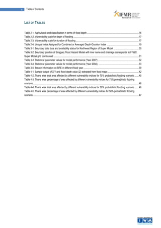 iv      Table of Contents




     LIST OF TABLES

     Table 2-1: Agricultural land classification in terms of flood depth .................................................................................... 16
     Table 2-2: Vulnerability scale for depth of flooding .......................................................................................................... 17
     Table 2-3: Vulnerability scale for duration of flooding ...................................................................................................... 17
     Table 2-4: Unique Index Assigned for Combined or Averaged Depth-Duration Index .................................................... 19
     Table 3-1: Boundary data type and availability status for Northwest Region of Super Model ......................................... 30
     Table 3-2: Boundary position of Sirajganj Flood Hazard Model with river name and chainage corresponds to FFWC
     Super Model grid points used .......................................................................................................................................... 31
     Table 3-3: Statistical parameter values for model performance (Year 2007) .................................................................. 32
     Table 3-4: Statistical parameter values for model performance (Year 2004). ................................................................. 33
     Table 3-5: Breach information on BRE in different flood year. ......................................................................................... 39
     Table 4-1: Sample output of X,Y and flood depth value (Z) extracted from flood maps .................................................. 42
     Table 4-2: Thana wise total area affected by different vulnerability indices for 75% probabilistic flooding scenario ....... 45
     Table 4-3: Thana wise percentage of area affected by different vulnerability indices for 75% probabilistic flooding
     scenario ........................................................................................................................................................................... 46
     Table 4-4: Thana wise total area affected by different vulnerability indices for 50% probabilistic flooding scenario ....... 46
     Table 4-5: Thana wise percentage of area affected by different vulnerability indices for 50% probabilistic flooding
     scenario ........................................................................................................................................................................... 47
 