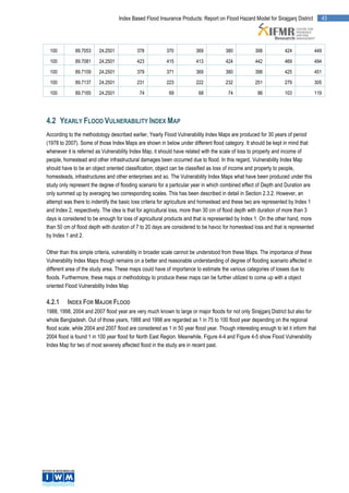 Index Based Flood Insurance Products: Report on Flood Hazard Model for Sirajganj District           43




 100         89.7053     24.2501           378           370           369           380           398            424            449

 100         89.7081     24.2501           423           415           413           424           442            469            494

 100         89.7109     24.2501           379           371           369           380           398            425            451

 100         89.7137     24.2501           231           223           222           232           251            279            305

 100         89.7165     24.2501            74            69            68            74             86           103            119




4.2 YEARLY FLOOD VULNERABILITY INDEX MAP
According to the methodology described earlier, Yearly Flood Vulnerability Index Maps are produced for 30 years of period
(1978 to 2007). Some of those Index Maps are shown in below under different flood category. It should be kept in mind that
whenever it is referred as Vulnerability Index Map, it should have related with the scale of loss to property and income of
people, homestead and other infrastructural damages been occurred due to flood. In this regard, Vulnerability Index Map
should have to be an object oriented classification; object can be classified as loss of income and property to people,
homesteads, infrastructures and other enterprises and so. The Vulnerability Index Maps what have been produced under this
study only represent the degree of flooding scenario for a particular year in which combined effect of Depth and Duration are
only summed up by averaging two corresponding scales. This has been described in detail in Section 2.3.2. However, an
attempt was there to indentify the basic loss criteria for agriculture and homestead and these two are represented by Index 1
and Index 2, respectively. The idea is that for agricultural loss, more than 30 cm of flood depth with duration of more than 3
days is considered to be enough for loss of agricultural products and that is represented by Index 1. On the other hand, more
than 50 cm of flood depth with duration of 7 to 20 days are considered to be havoc for homestead loss and that is represented
by Index 1 and 2.

Other than this simple criteria, vulnerability in broader scale cannot be understood from these Maps. The importance of these
Vulnerability Index Maps though remains on a better and reasonable understanding of degree of flooding scenario affected in
different area of the study area. These maps could have of importance to estimate the various categories of losses due to
floods. Furthermore, these maps or methodology to produce these maps can be further utilized to come up with a object
oriented Flood Vulnerability Index Map

4.2.1     INDEX FOR MAJOR FLOOD
1988, 1998, 2004 and 2007 flood year are very much known to large or major floods for not only Sirajganj District but also for
whole Bangladesh. Out of those years, 1988 and 1998 are regarded as 1 in 75 to 100 flood year depending on the regional
flood scale, while 2004 and 2007 flood are considered as 1 in 50 year flood year. Though interesting enough to let it inform that
2004 flood is found 1 in 100 year flood for North East Region. Meanwhile, Figure 4-4 and Figure 4-5 show Flood Vulnerability
Index Map for two of most severely affected flood in the study are in recent past.
 