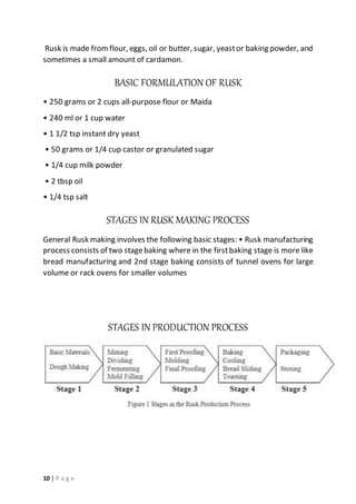 10 | P a g e
Rusk is made fromflour, eggs, oil or butter, sugar, yeastor baking powder, and
sometimes a small amount of cardamon.
BASIC FORMULATION OF RUSK
• 250 grams or 2 cups all-purpose flour or Maida
• 240 ml or 1 cup water
• 1 1/2 tsp instant dry yeast
• 50 grams or 1/4 cup castor or granulated sugar
• 1/4 cup milk powder
• 2 tbsp oil
• 1/4 tsp salt
STAGES IN RUSK MAKING PROCESS
General Rusk making involves the following basic stages: • Rusk manufacturing
process consists of two stagebaking where in the firstbaking stage is more like
bread manufacturing and 2nd stage baking consists of tunnel ovens for large
volume or rack ovens for smaller volumes
STAGES IN PRODUCTION PROCESS
 