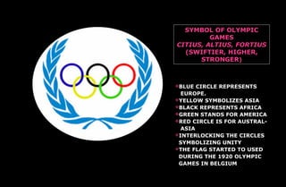 SYMBOL OF OLYMPIC
GAMES
CITIUS, ALTIUS, FORTIUS
(SWIFTIER, HIGHER,
STRONGER)
BLUE CIRCLE REPRESENTS
EUROPE.
YELLOW SYMBOLIZES ASIA
BLACK REPRESENTS AFRICA
GREEN STANDS FOR AMERICA
RED CIRCLE IS FOR AUSTRAL-
ASIA
INTERLOCKING THE CIRCLES
SYMBOLIZING UNITY
THE FLAG STARTED TO USED
DURING THE 1920 OLYMPIC
GAMES IN BELGIUM
 
