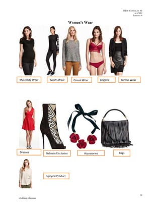 H&M- Fashion for All
MAFMG
Semester 0
10
Ashima khurana
Women’s Wear
Maternity Wear Sports Wear Casual Wear Lingerie Formal Wear
Dresses Balmain Exclusive Accessories Bags
Upcycle Product
 