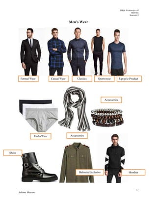 H&M- Fashion for All
MAFMG
Semester 0
11
Ashima khurana
Men’s Wear
Formal Wear Casual Wear Classics
Wear
Sportswear
Wear
Upcycle Product
UnderWear Accessories
Accessories
Shoes
Balmain Exclusive Hoodies
 