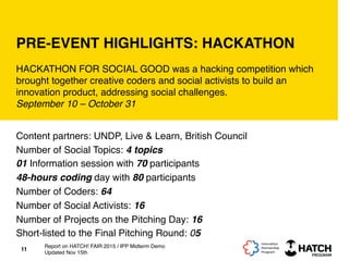PRE-EVENT HIGHLIGHTS: HACKATHON 
 
HACKATHON FOR SOCIAL GOOD was a hacking competition which
brought together creative coders and social activists to build an
innovation product, addressing social challenges.  
September 10 – October 31
Content partners: UNDP, Live & Learn, British Council
Number of Social Topics: 4 topics
01 Information session with 70 participants
48-hours coding day with 80 participants
Number of Coders: 64
Number of Social Activists: 16
Number of Projects on the Pitching Day: 16
Short-listed to the Final Pitching Round: 05
11
Report on HATCH! FAIR 2015 / IPP Midterm Demo
Updated Nov 15th
 