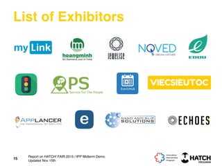 List of Exhibitors
15
Report on HATCH! FAIR 2015 / IPP Midterm Demo
Updated Nov 15th
 