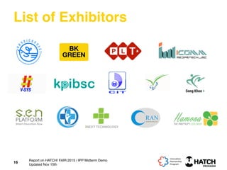 List of Exhibitors
16
Report on HATCH! FAIR 2015 / IPP Midterm Demo
Updated Nov 15th
 