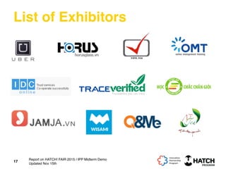 List of Exhibitors
17
Report on HATCH! FAIR 2015 / IPP Midterm Demo
Updated Nov 15th
 