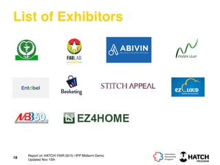 List of Exhibitors
18
Report on HATCH! FAIR 2015 / IPP Midterm Demo
Updated Nov 15th
 
