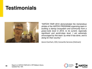 Testimonials
"HATCH! FAIR 2015 demonstrated the tremendous
strides of the HATCH! PROGRAM organizing team in
building a startup ecosystem and community from a
grass-roots level in 2013, to its current, regionally
signiﬁcant and world-class level. I am extremely
encouraged by this team: by what it has done, and is
doing for their country.”
49
Report on HATCH! FAIR 2015 / IPP Midterm Demo
Updated Nov 15th
Aaron	
  Everhart,	
  CEO,	
  Consor+o	
  Services	
  (Vietnam)	
  
 