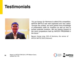 Testimonials
“It is an honour for Harmona to attend this competition.
HATCH! BATTLE was well organized and very useful.
Through the contest, we have gained more knowledge
of presentation skills for investors as well as how to
access potential investors. We are looking forward to
the more competitions held by HATCH! PROGRAM in
the future.”
50
Report on HATCH! FAIR 2015 / IPP Midterm Demo
Updated Nov 15th
Nguyen	
   Hoang	
   Long,	
   CEO	
   of	
   Harmona,	
   the	
   winner	
   of	
  
HATCH!	
  BATTLE	
  2015	
  (Vietnam)	
  
 