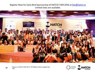 Report on HATCH! FAIR 2015 / IPP Midterm Demo Updated Nov
15th
54
Register	
  Now	
  for	
  Early-­‐Bird	
  Sponsorship	
  of	
  HATCH!	
  FAIR	
  2016	
  at	
  fair@hatch.vn	
  	
  
Limited	
  slots	
  are	
  available.	
  
 