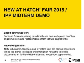 NEW AT HATCH! FAIR 2015 /
IPP MIDTERM DEMO
Speed-dating Session:
Series of 3-minute sharing rounds between one startup and one/ two
angel investors and representatives from venture capital ﬁrms.
Networking Dinner:
160+ inﬂuencers, founders and investors from the startup ecosystem
joined the dinner to expand and strengthen networks to create
discussions for further collaboration and investment opportunities.
6
Report on HATCH! FAIR 2015 / IPP Midterm Demo
Updated Nov 15th
 