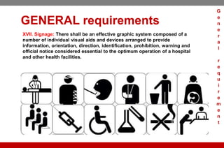 GENERAL requirements
XVII. Signage: There shall be an effective graphic system composed of a
number of individual visual aids and devices arranged to provide
information, orientation, direction, identification, prohibition, warning and
official notice considered essential to the optimum operation of a hospital
and other health facilities.
G
e
n
e
r
a
l
r
e
q
u
i
r
e
m
e
n
t
 