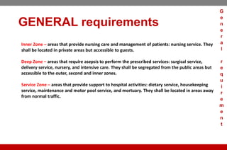 GENERAL requirements
Inner Zone – areas that provide nursing care and management of patients: nursing service. They
shall be located in private areas but accessible to guests.
Deep Zone – areas that require asepsis to perform the prescribed services: surgical service,
delivery service, nursery, and intensive care. They shall be segregated from the public areas but
accessible to the outer, second and inner zones.
Service Zone – areas that provide support to hospital activities: dietary service, housekeeping
service, maintenance and motor pool service, and mortuary. They shall be located in areas away
from normal traffic.
G
e
n
e
r
a
l
r
e
q
u
i
r
e
m
e
n
t
 