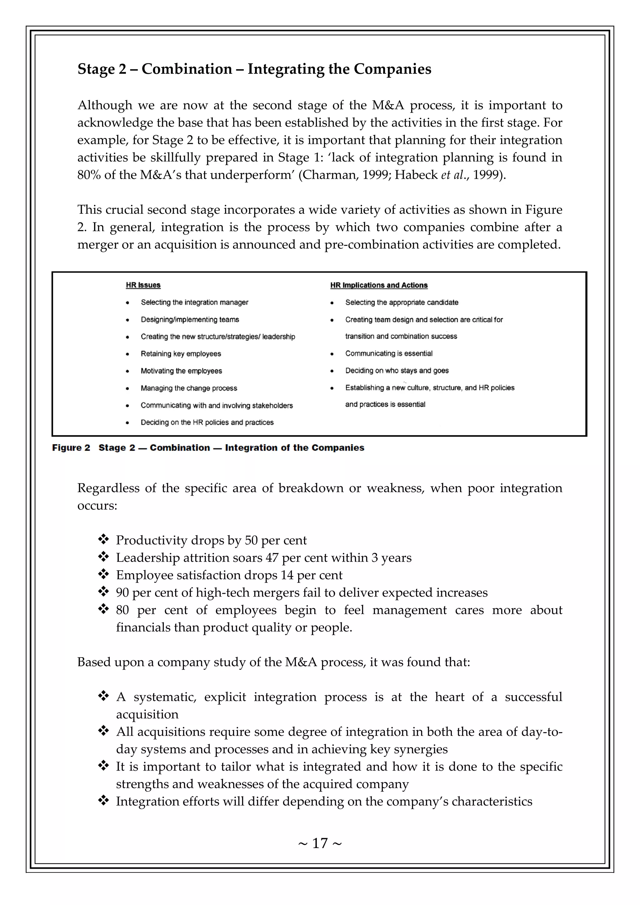 ~ 17 ~
Stage 2 – Combination – Integrating the Companies
Although we are now at the second stage of the M&A process, it is important to
acknowledge the base that has been established by the activities in the first stage. For
example, for Stage 2 to be effective, it is important that planning for their integration
activities be skillfully prepared in Stage 1: ‘lack of integration planning is found in
80% of the M&A’s that underperform’ (Charman, 1999; Habeck et al., 1999).
This crucial second stage incorporates a wide variety of activities as shown in Figure
2. In general, integration is the process by which two companies combine after a
merger or an acquisition is announced and pre-combination activities are completed.
Regardless of the specific area of breakdown or weakness, when poor integration
occurs:
 Productivity drops by 50 per cent
 Leadership attrition soars 47 per cent within 3 years
 Employee satisfaction drops 14 per cent
 90 per cent of high-tech mergers fail to deliver expected increases
 80 per cent of employees begin to feel management cares more about
financials than product quality or people.
Based upon a company study of the M&A process, it was found that:
 A systematic, explicit integration process is at the heart of a successful
acquisition
 All acquisitions require some degree of integration in both the area of day-to-
day systems and processes and in achieving key synergies
 It is important to tailor what is integrated and how it is done to the specific
strengths and weaknesses of the acquired company
 Integration efforts will differ depending on the company’s characteristics
 