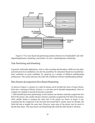 Figure 6.3 Two slice based task partitioning schemes between two thread(a)half- and- half
dispatching(dynamic scheduling ) and (b)slice- by slice- scheduling(static scheduling).

Task Partitioning and Scheduling

In general, multimedia applications, such as video encoding and decoding, exhibit not only data-
and instruction-level parallelism, but also the possibility for substantial thread-level parallelism.
Such workloads are good candidates for speed-up on a number of different multithreading
architectures. This section discusses the trade-offs of different software multithreading methods.

Data Domain decomposition-Slice-Based-Dispatching

As shown in Figure 4, a picture in a video bit stream can be divided into slices of macro blocks.
Each slice, consisting of blocks of pixels, is a unit that can be decoded independently. Here we
compare two methods to decode the pictures in parallel:
1. Half-and-half (aka static partitioning): In this method, one thread is statically assigned the first
half of the picture, hile another thread is thread is statically assigned the first half of the picture,
while another thread is assigned the other half of the picture (as shown in Figure 4 (a)).
Assuming that the complexity of the first half and second half is similar, these two threads will
finish the task at roughly the same time. However, some areas of the picture may be easier to
decode than others. This may lead to one thread being idle while the other thread is still busy.



                                                  14
 
