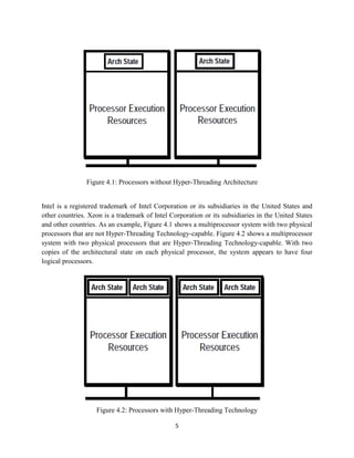 Figure 4.1: Processors without Hyper-Threading Architecture


Intel is a registered trademark of Intel Corporation or its subsidiaries in the United States and
other countries. Xeon is a trademark of Intel Corporation or its subsidiaries in the United States
and other countries. As an example, Figure 4.1 shows a multiprocessor system with two physical
processors that are not Hyper-Threading Technology-capable. Figure 4.2 shows a multiprocessor
system with two physical processors that are Hyper-Threading Technology-capable. With two
copies of the architectural state on each physical processor, the system appears to have four
logical processors.




                   Figure 4.2: Processors with Hyper-Threading Technology

                                                5
 