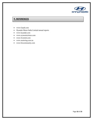 Page 10 of 10
 www.Gaadi.com
 Hyundai Motor India Limited annual reports
 www.hyundai.com
 www.economictimes.com
 www.livemint.com
 www.motoring.com.au
 www.bizcommunity.com
9. REFERENCES
 