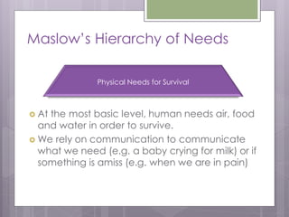 Maslow’s Hierarchy of Needs

               Physical Needs for Survival



 Atthe most basic level, human needs air, food
  and water in order to survive.
 We rely on communication to communicate
  what we need (e.g. a baby crying for milk) or if
  something is amiss (e.g. when we are in pain)
 