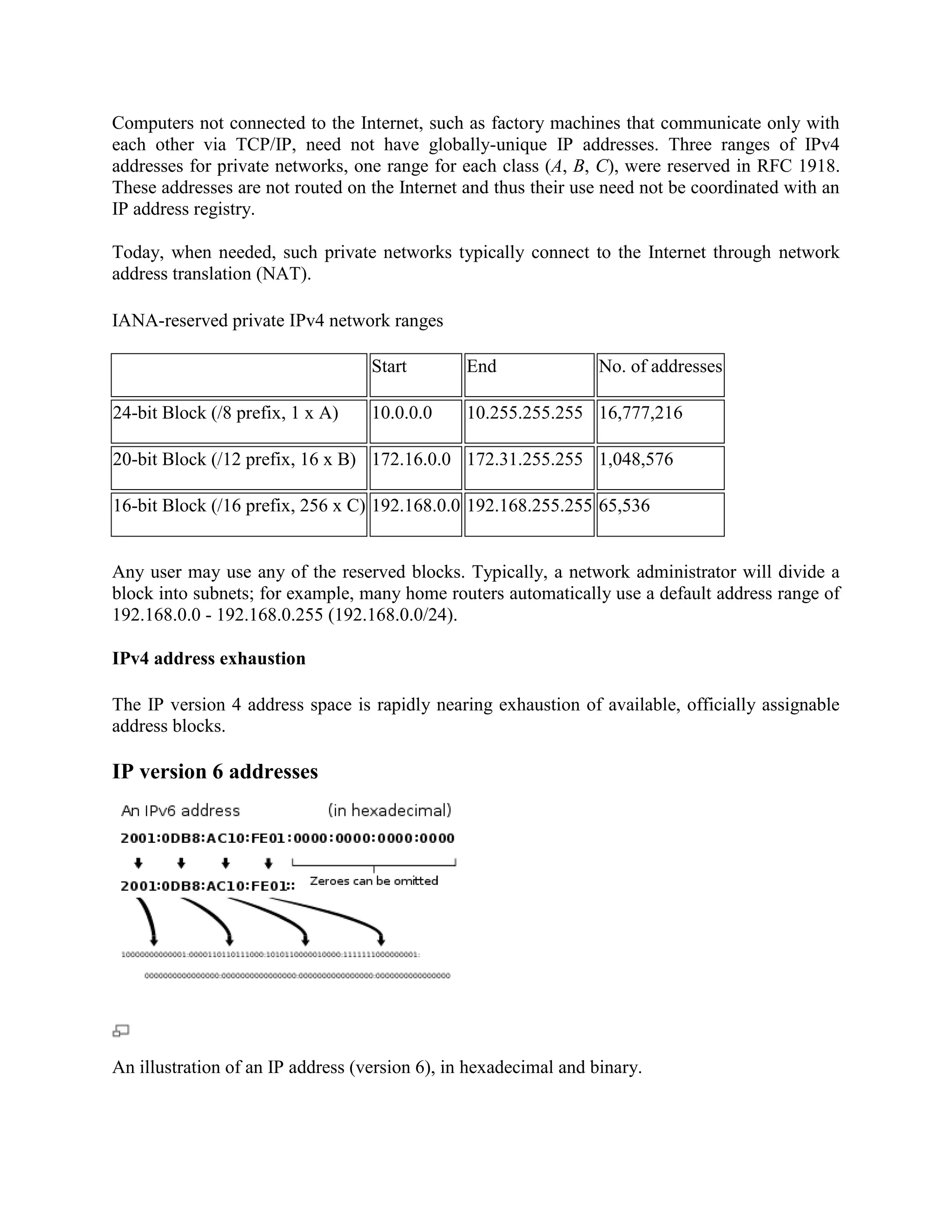 Computers not connected to the Internet, such as factory machines that communicate only with
each other via TCP/IP, need not have globally-unique IP addresses. Three ranges of IPv4
addresses for private networks, one range for each class (A, B, C), were reserved in RFC 1918.
These addresses are not routed on the Internet and thus their use need not be coordinated with an
IP address registry.

Today, when needed, such private networks typically connect to the Internet through network
address translation (NAT).

IANA-reserved private IPv4 network ranges

                                   Start        End               No. of addresses

24-bit Block (/8 prefix, 1 x A)    10.0.0.0     10.255.255.255 16,777,216

20-bit Block (/12 prefix, 16 x B) 172.16.0.0 172.31.255.255 1,048,576

16-bit Block (/16 prefix, 256 x C) 192.168.0.0 192.168.255.255 65,536


Any user may use any of the reserved blocks. Typically, a network administrator will divide a
block into subnets; for example, many home routers automatically use a default address range of
192.168.0.0 - 192.168.0.255 (192.168.0.0/24).

IPv4 address exhaustion

The IP version 4 address space is rapidly nearing exhaustion of available, officially assignable
address blocks.

IP version 6 addresses




An illustration of an IP address (version 6), in hexadecimal and binary.
 