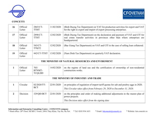 CONCETTI
Information and Enterprise Consulting Centre – CONCETTI company
* Head office: 20th
Floor, HCMCC Tower, 249A Thuy Khue, Tay Ho, Ha Noi * Tel: 0243.934.1651 * Email: bttconcetti@concetti.vn * Website: law.concetti.vn
16 Official
Letter
2865/CT-
TTHT
11/02/2020 (Binh Duong Tax Department) on VAT for production activities for export and VAT
for the right to export and import of export processing enterprises.
17 Official
Letter
2898/CT-
TTHT
12/02/2020 (Binh Duong Tax Department) on the declaration and payment of VAT and CIT for
real estate transfer activities in provinces other than where enterprises are
headquartered.
18 Official
Letter
543/CT-
TTKT2
12/02/2020 (Bac Giang Tax Department) on VAT and CIT in the case of selling loan collatered.
19 Official
Letter
442/CT-TTHT 13/02/2020 (Nam Dinh Tax Department) on quarterly VAT declaration.
THE MINISTRY OF NATURAL RESOURCES AND ENVIROMENT
1 Official
Letter
703/
BTNMT-
TCQLĐĐ
14/02/2020 on the regime of land use and the certification of ownership of non-residential
construction works.
THE MINISTRY OF INDUSTRY AND TRADE
1 Circular 02/2020/TT-
BCT
22/01/2020 on principles of regulation of import tariff quotas for salt and poultry eggs in 2020.
This Circular takes effect from February 29, 2020 to December 31, 2020.
2 Decision 329/QĐ-BCT 22/01/2020 on the principles and order of making additional adjustments to the master plan of
power projects.
This Decision takes effect from the signing date.
 