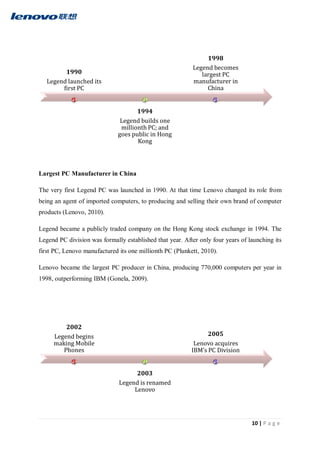 10 | P a g e
Largest PC Manufacturer in China
The very first Legend PC was launched in 1990. At that time Lenovo changed its role from
being an agent of imported computers, to producing and selling their own brand of computer
products (Lenovo, 2010).
Legend became a publicly traded company on the Hong Kong stock exchange in 1994. The
Legend PC division was formally established that year. After only four years of launching its
first PC, Lenovo manufactured its one millionth PC (Plunkett, 2010).
Lenovo became the largest PC producer in China, producing 770,000 computers per year in
1998, outperforming IBM (Gonela, 2009).
1990
Legend launched its
first PC
1994
Legend builds one
millionth PC; and
goes public in Hong
Kong
1998
Legend becomes
largest PC
manufacturer in
China
2002
Legend begins
making Mobile
Phones
2003
Legend is renamed
Lenovo
2005
Lenovo acquires
IBM’s PC Division
 