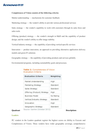 47 | P a g e
Completeness of Vision consists of the following criteria:
Market understanding — mechanisms for customer feedback
Marketing strategy — the vendor's ability to provide various professional services
Sales strategy — the vendor's capability to work with customers through its sales force and
sales tools.
Offering (product) strategy — the vendor's strength in R&D and the capability of product
design, and the vendor's ability to offer image stability
Vertical/industry strategy — the capability of providing vertical-specific services
Innovation — product innovation, an approach to providing alternative application delivery
models and green IT solutions
Geographic strategy — the capability of providing products and services globally
Environmental programs, including sustainability goals and processes.
Quadrant Descriptions
Leaders
PC vendors in the Leaders quadrant register the highest scores on Ability to Execute and
Completeness of Vision. These vendors have wider geographic coverage, comprehensive
 