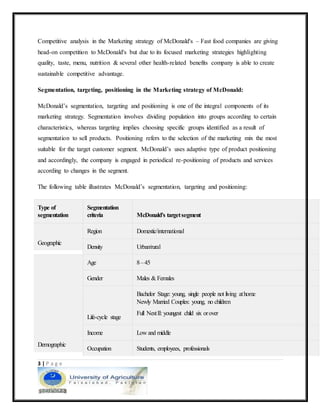 3 | P a g e
Competitive analysis in the Marketing strategy of McDonald's – Fast food companies are giving
head-on competition to McDonald's but due to its focused marketing strategies highlighting
quality, taste, menu, nutrition & several other health-related benefits company is able to create
sustainable competitive advantage.
Segmentation, targeting, positioning in the Marketing strategy of McDonald:
McDonald’s segmentation, targeting and positioning is one of the integral components of its
marketing strategy. Segmentation involves dividing population into groups according to certain
characteristics, whereas targeting implies choosing specific groups identified as a result of
segmentation to sell products. Positioning refers to the selection of the marketing mix the most
suitable for the target customer segment. McDonald’s uses adaptive type of product positioning
and accordingly, the company is engaged in periodical re-positioning of products and services
according to changes in the segment.
The following table illustrates McDonald’s segmentation, targeting and positioning:
Type of
segmentation
Segmentation
criteria McDonald’s targetsegment
Geographic
Region Domestic/international
Density Urban/rural
Demographic
Age 8–45
Gender Males & Females
Life-cycle stage
Bachelor Stage: young, single people not living athome
Newly Married Couples: young, no children
Full NestII: youngest child six orover
Income Low and middle
Occupation Students, employees, professionals
 