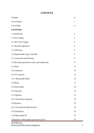 Anil Maurya
Electrical & Electronics Engineer 2
CONTENT
Contents iv
List of figures v
List of table vi
CHAPTERS
1. Introduction 2
2. Power Supply 3
2.1. DC Power Supply 3
2.2. Rectifier Operation 4
2.3. Efficiency 5
3. Programmable Logic Controller 6
3.1. Connection and Working 9
4. Three phase protection circuit and components 11
4.1 Relay 11
4.2 Contactors 12
4.3 555 Timer IC 14
4.3.1 Monostable Mode 15
4.4 Diode 17
4.5 Zener Diode 18
4.6 Transistor 19
4.7 Capacitor 21
4.4.1 Electrolytic Capacitor 22
4.8 Resistors 23
4.8.1 Fixed and Variable Resistor 24
4.9 Transformer 25
4.10 Optocoupler IC 27
5 Operation of three phase protection circuit 29
 