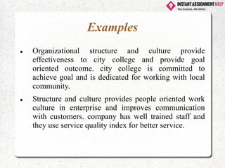 Examples
⚫ Organizational structure and culture provide
effectiveness to city college and provide goal
oriented outcome. city college is committed to
achieve goal and is dedicated for working with local
community.
⚫ Structure and culture provides people oriented work
culture in enterprise and improves communication
with customers. company has well trained staff and
they use service quality index for better service.
 