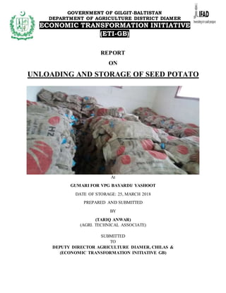 REPORT
ON
UNLOADING AND STORAGE OF SEED POTATO
At
GUMARI FOR VPG BAYARDI/ YASHOOT
DATE OF STORAGE: 25, MARCH 2018
PREPARED AND SUBMITTED
BY
(TARIQ ANWAR)
(AGRI. TECHNICAL ASSOCIATE)
SUBMITTED
TO
DEPUTY DIRECTOR AGRICULTURE DIAMER, CHILAS &
(ECONOMIC TRANSFORMATION INITIATIVE GB)
GOVERNMENT OF GILGIT-BALTISTAN
DEPARTMENT OF AGRICULTURE DISTRICT DIAMER
ECONOMIC TRANSFORMATION INITIATIVE
(ETI-GB)
 