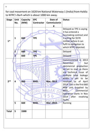 9
for coal movement on 1620 km National Waterway 1 (India) from Haldia
to NTPC's Barh which is about 1000 km away.
Stage Unit
No.
Capacity
(MW)
EPC
Contractor
Date of
Commissionin
g
Status
1st
1 660 TPE
Delayed as TPE is saying
it has entered a
lossmaking contract and
is asking for $570
million before it can
fulfil its obligation to
which NTPC objected.
2 660 TPE Delayed
3 660 TPE Delayed
2nd 4 660 BHEL Nov.-2013
Commissioned in 2013
November but
commercial production
on yet to start as there
are technical issue of
multiple tube leakage
which is yet to be
resolved as of April
2014. This is the first 660
MW unit supplied by
BHEL. Commercial
operation starts in Nov
2014 after resolving
faults.
5 660 BHEL Mar.-2015 Running
Total 5 3300
 